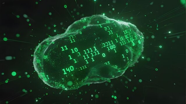 Digital Cloud with Binary Code Overlay, Surrounded by Green Particles