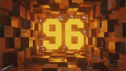 Illuminated Number '96' Surrounded by Cubic Structures in a Pixelated Environment