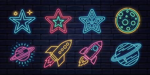 Bright neon signs of stars, rockets, and planets on a dark brick wall create a vibrant display capturing the energy of a cosmic theme at night ai, neon, stars, rockets, planets, cosmic, art, wall, dis
