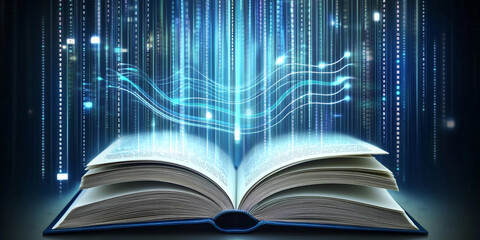 Fototapeta na wymiar Open book with digital effects illustrating knowledge flow Generative AI