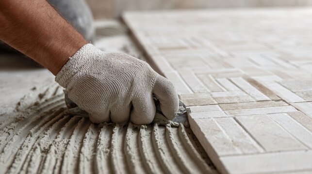 Detail shot of grout being smoothed between patterned floor tiles, copy space above