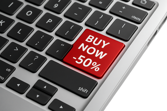 Keyboard with Buy Now button. 50 percent discount. Online shopping. Black Friday.