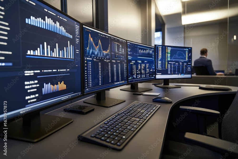 Poster a modern trading desk with multiple monitors displaying real-time stock market data and charts, show