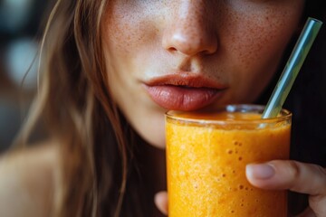 Close-up of a woman with freckles enjoying a vibrant orange smoothie.