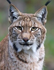 Obraz premium Close-up portrait of a lynx, showcasing its alert and intense gaze, detailed fur patterns, and captivating expression.