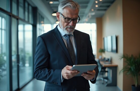 Mature executive businessman in dark suit, glasses uses digital tablet in modern office hallway. Professional manager works on finance project, checks data, plans strategy. Success, technology,