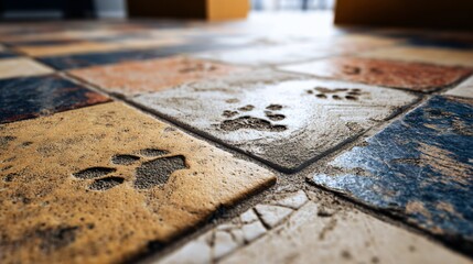 Naklejka premium Floor-level view of diagonally placed tiles, fall boot prints visible on unfinished area