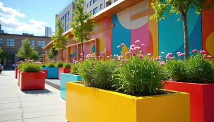 Vibrant urban public art installation enhances community renewal project. Colorful planters with pink flowers, green plants line pathway next to building with bright mural. Modern design creates