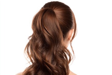 Obraz premium A womans brown wavy hair is styled into a high ponytail against a white background focusing on the hairs texture and color