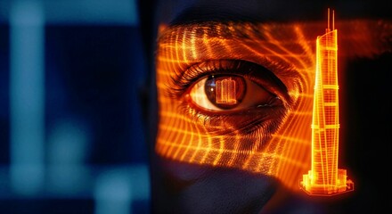 Futuristic architectural vision with a skyscraper hologram projected and reflected in a person's eye