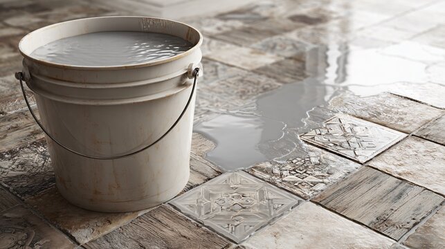 Grout mixture and water bucket next to partially mounted tiles, rustic floor setup