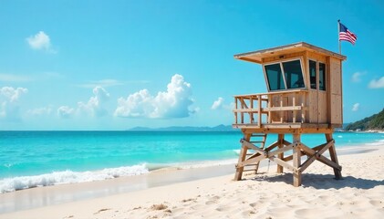 Fototapeta premium A lifeguard tower stands tall on a pristine beach, overlooking calm turquoise water and gently lapping waves, ensuring a safe and enjoyable day for all visitors , emergency, shore