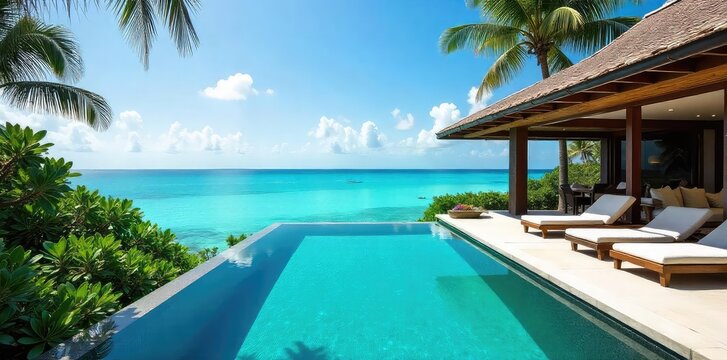 A lavish private villa overlooking a turquoise ocean, complete with infinity pool and lush tropical gardens, epitomizes ultimate relaxation and escape ,  stunning,  retreat,  pool