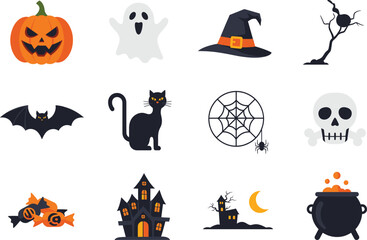 Colorful Halloween Vector Icons for Web – Pumpkins, Ghosts, Witches, Bats, Skulls & Party Elements