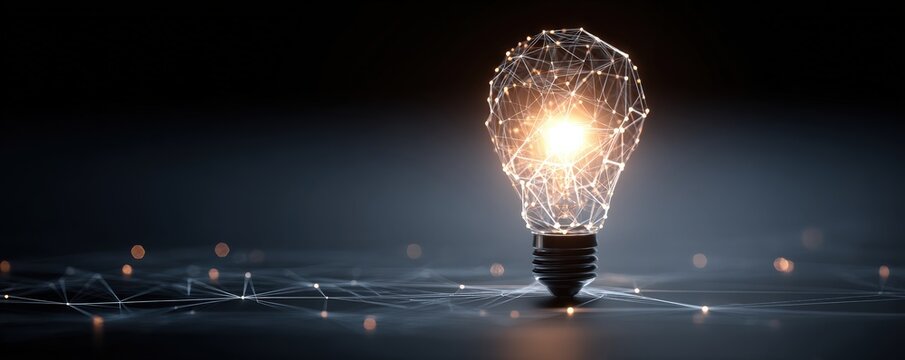 A glowing light bulb made of interconnected lines, symbolizing innovation and creativity against a dark background. - Powered by Adobe