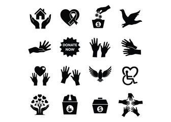 Collection of black silhouette icons representing charity and support on a white background donation