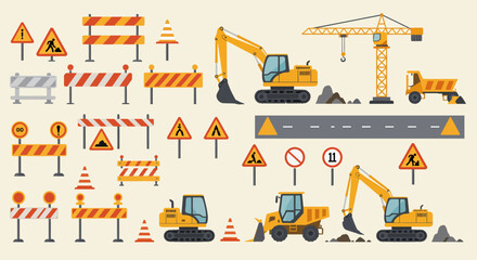 Construction Site Equipment and Road Safety Elements.