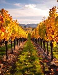 Naklejka premium A picturesque vineyard pathway stretches through vibrant autumn foliage, bathed in golden sunlight.
