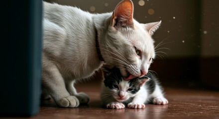 White adult cat licking a black and white kitten. Maternal care and affection.