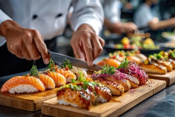 Chef preparing a plate of delicious sushi in a professional kitchen