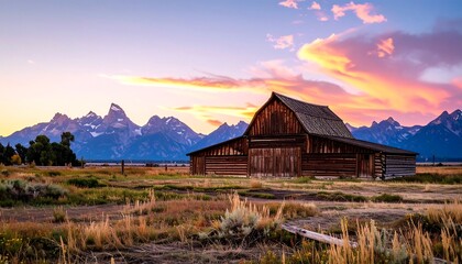 Rustic barn at sunset over mountains