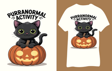 Cute black cat sits on a halloween pumpkin with spooky text