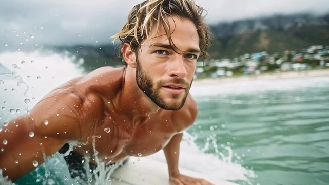 An elderly man skillfully rides a wave while surfing in the ocean. The vibrant water splashes around him as he enjoys the thrill of the experience amidst a cloudy sky.