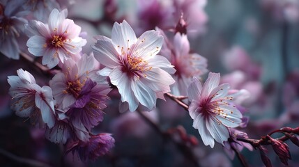 Fototapeta premium Exquisite Close-Up of Blossoming Cherry Tree Flowers in Pastel Hues