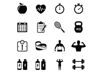 Fitness and Health Icons Featuring Apple Stopwatch and Dumbbells heart pulse