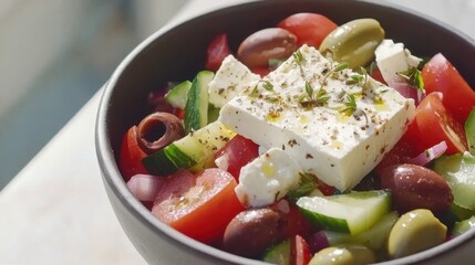 Fresh Greek Salad with Feta and Olives in Modern Kitchen