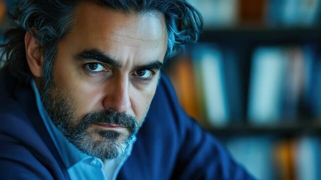 Man in thoughtful pose with beard against dark background for microstock