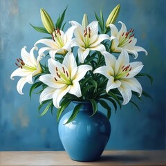 Elegant illustration white lilies in vibrant blue vase. Delicate floral arrangement features fresh green leaves, smooth pastel colors, soft lighting. Botanical artwork with bright, natural aesthetic