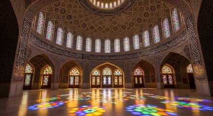 Obraz premium Stunning Interior of a Mosque with Intricate Details and Colorful Stained Glass.