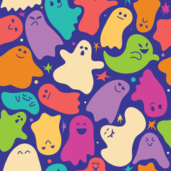 Dark Blue Halloween Pattern with Colorful Ghosts of Different Shapes and Emotions and Scattered Stars