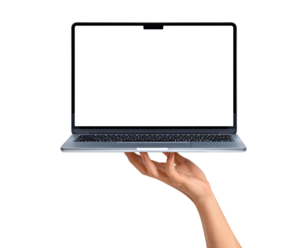 Hand showing modern laptop with customizable blank screen. Isolated on transparent PNG. Concept for technology, business, finance and advertising.
