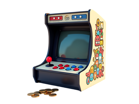 Retro Arcade Game Machine with Colorful Cartoon Design and Gold Coins