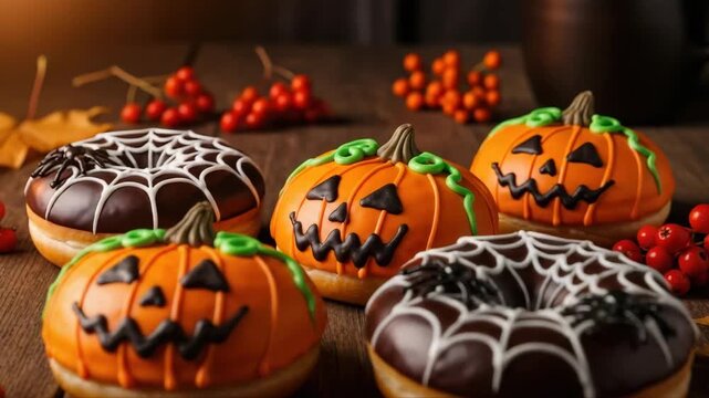 Halloween donuts decorated with icing in the form of a pumpkin, spider web and spider for a children party