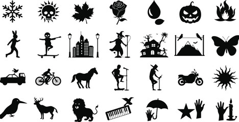 snowflake, skull, maple, rose, pumpkin, witch, city, butterfly, mountain, microphone, motorcycle, bird, horser