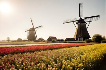 Bright sunlight, colorful tulip fields, traditional windmills.