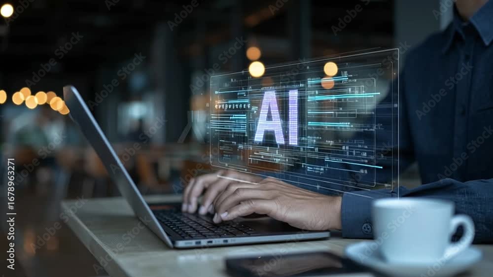 Poster a person engages with a laptop displaying digital code and holographic ai symbols in a contemporary 