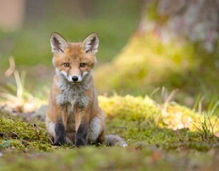 Fototapeta premium A young red fox sits amidst dappled sunlight filtering through the forest floor, its fur a rich orange-brown contrasted against the vibrant green moss.