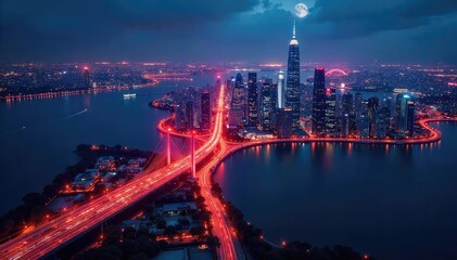 A futuristic cityscape at night, interconnected by glowing digital threads, symbolizing the seamless integration of the internet across urban landscapes ,  reality,  modern