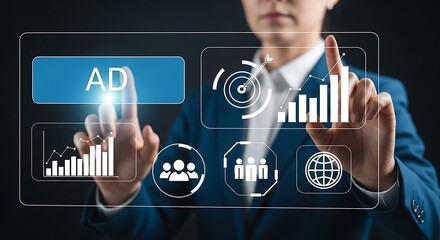 Business analytics interface with ad button image