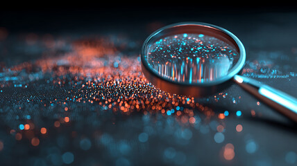 Magnifying glass over vibrant particles highlights detail and depth on a blurred background.
