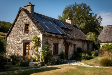 Fototapeta premium Rustic stone cottage in Brittany France with rooftop solar panels.