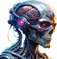 Futuristic Cyborg Skull with Exposed Brain and Red Eyes