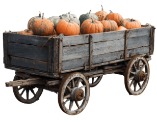 Wooden wheelbarrow filled with orange pumpkins, rustic autumn style, front view, isolated on a transparent background, PNG