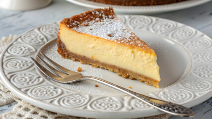 A slice of creamy cheesecake with a graham cracker crust dusted with powdered sugar sits on a decorative white plate with a fork