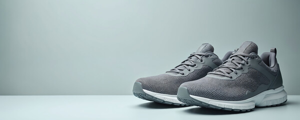 Pair of gray athletic shoes with textured fabric, laces, white soles presented on clean, light background. Modern sneakers offer comfort, performance for various sports, fitness, casual activities.