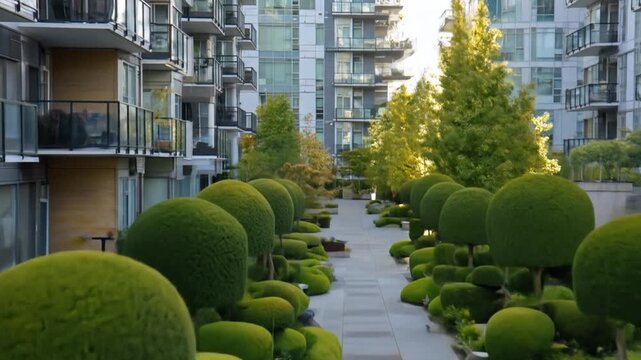 A meticulously landscaped courtyard, with topiary shrubs, is surrounded by modern apartment buildings.